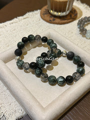 Seraphinite Silver Sheen Obsidian Black Herkimer Diamond Beaded Crystal Bracelet 11-13mm