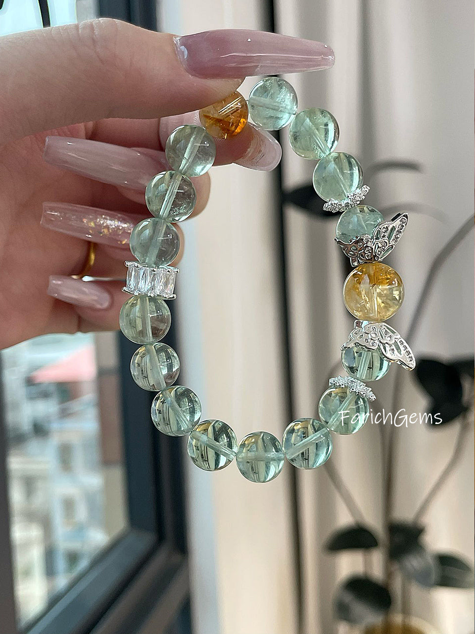 Green Fluorite Citrine Calcite Beaded Crystal Bracelet 10+12mm