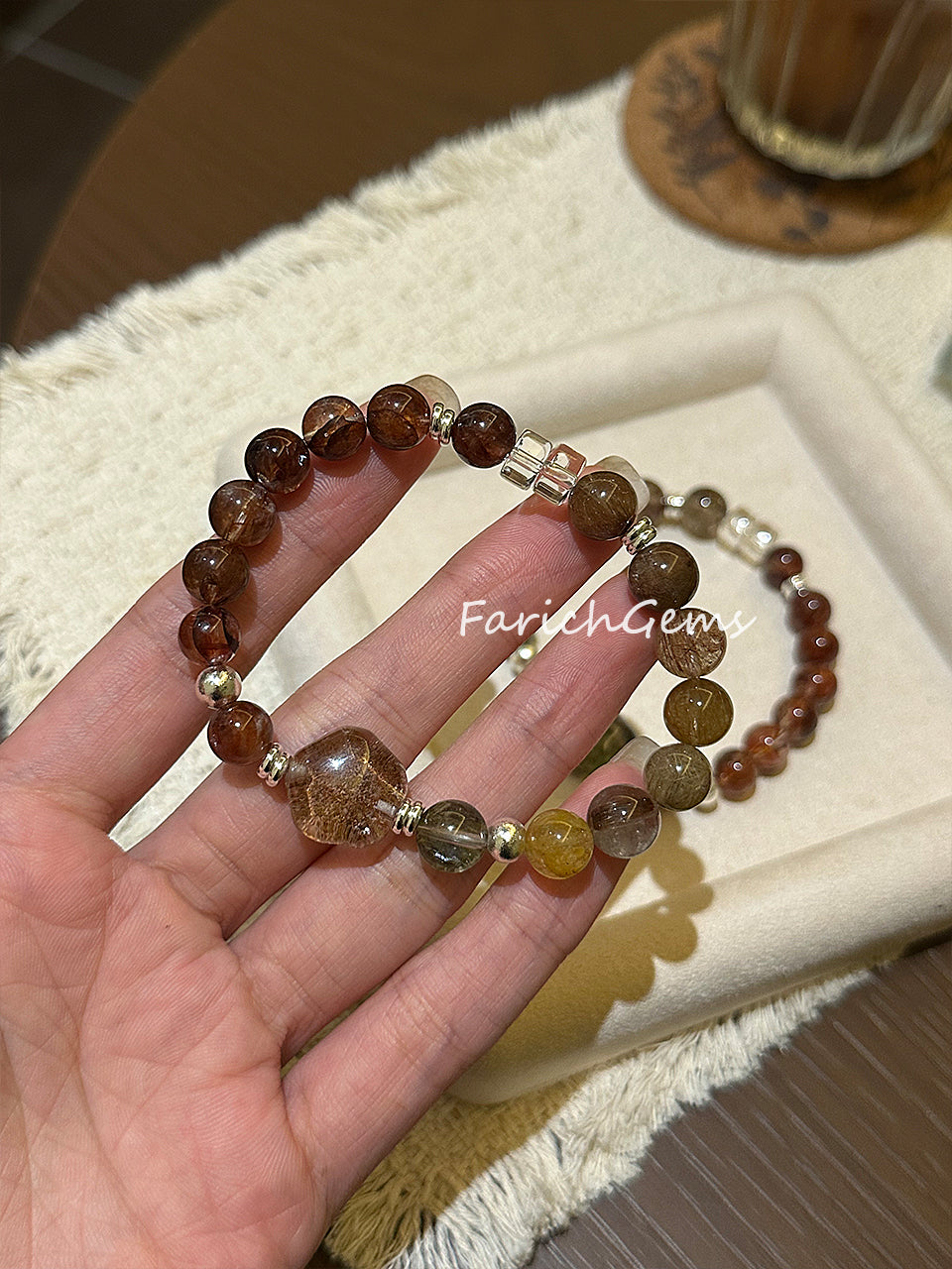 Rutilated Quartz Four-Season Phantom Quartz Clear Quartz Red Hematoid Quartz Beaded Crystal Bracelet 8-9mm
