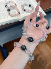 BlackPink Combo Rose Quartz Gray Moonstone Silver Obsidian Beaded Crystal Bracelet 10+12+14mm