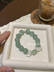 Green Fluorite Clear Quartz Pearl Beaded Crystal Bracelet 14mm