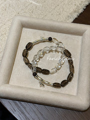 Lakawood Smoky Quartz Clear Quartz Beaded Crystal Bracelet 6+7mm