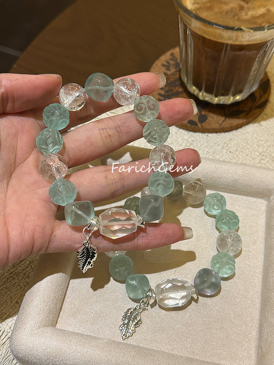 Green Fluorite Clear Quartz Azeztulite Quartz Beaded Crystal Bracelet 12-14mm
