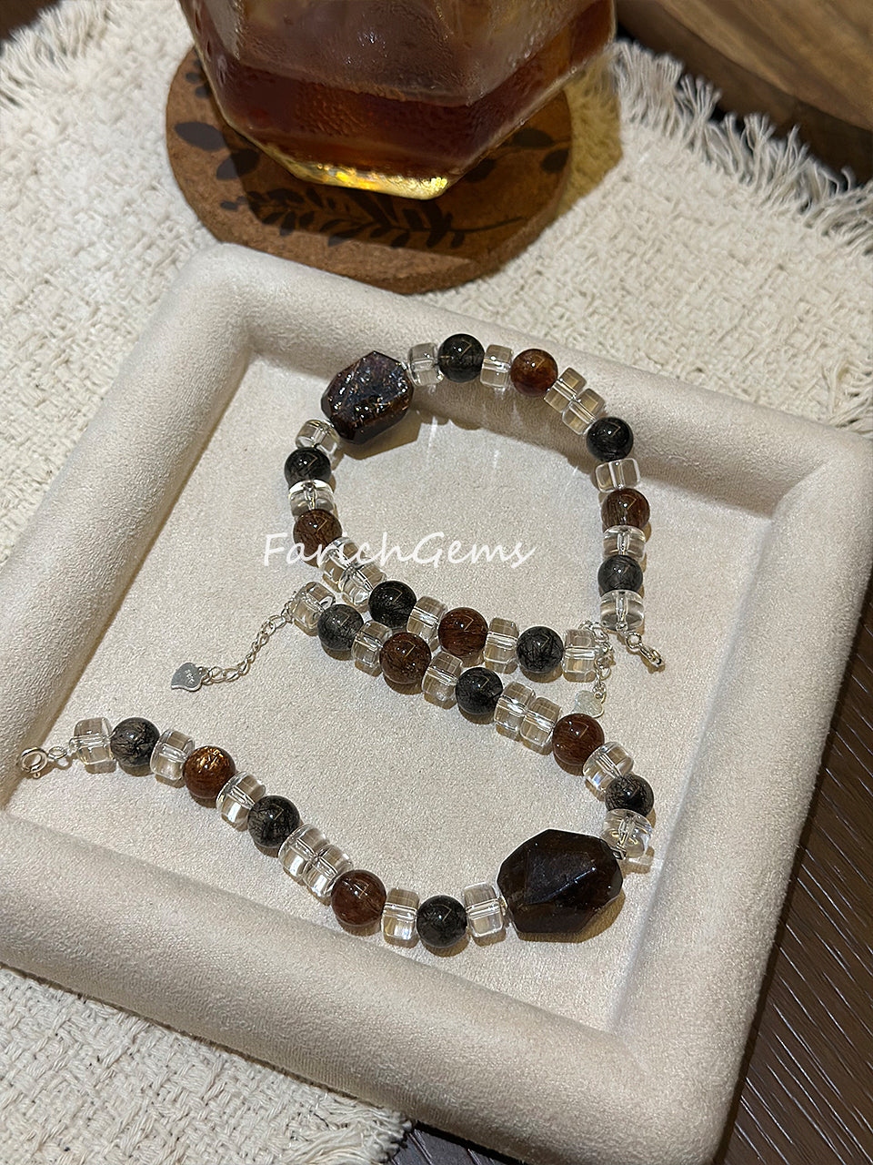 Black & Gold Super 7 Black Rutilated Quartz Clear Quartz Beaded Crystal Bracelet 8mm