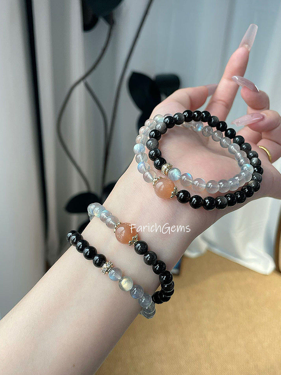 Gray Moonstone Silver Obsidian Beaded Crystal Bracelet 6+10mm