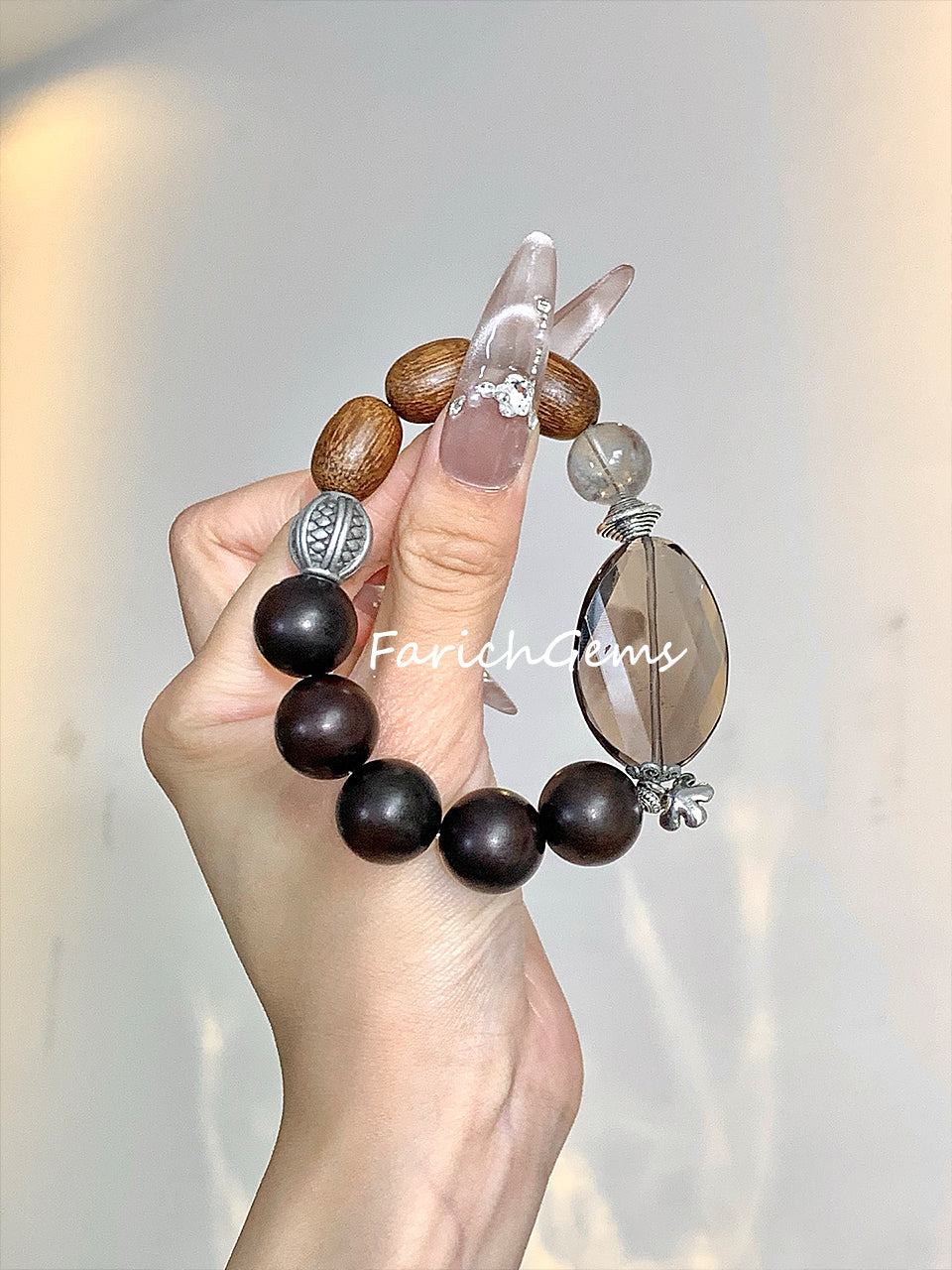 Lightning-Struck Wood Agarwood Smoky Quartz Beaded Crystal Bracelet 12+15mm