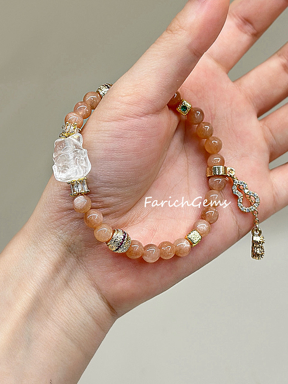Peach Moonstone Clear Quartz Beaded Crystal Bracelet 6mm