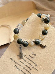 Golden Rutilated Quartz Green Rutilated Quartz Clear Quartz Beaded Crystal Bracelet 12+4.5+10mm