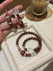 Double Wrap Fire Hematoid Quartz Clear Quartz Beaded Crystal Bracelet 7+8+15mm