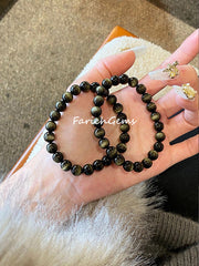 Natural Golden Sheen Obsidian Beaded Crystal Bracelet 8/10/12/14/16/18mm