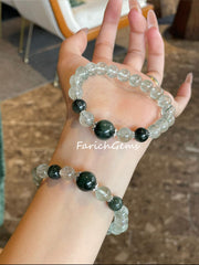 Ice-clear Green Rutilated Quartz Beaded Crystal Bracelet 8+11mm