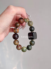 Serpentine Jade Smoky Quartz Sandalwood Beaded Crystal Bracelet 14+20mm