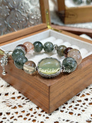 Green Rutilated Quartz Black & Gold Super 7 Citrine Beaded Crystal Bracelet 12+14mm