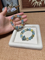 Green Lepidolite Yellow Hematoid Quartz Aquamarine Beaded Crystal Bracelet 10-12mm