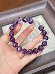 Purple Lepidolite Clear Azeztulite Quartz Beaded Crystal Bracelet 10mm