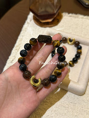 Silver Sheen Obsidian Black & Gold Super 7 Yellow Blue Tiger's Eye Stone Beaded Crystal Bracelet 6+12mm