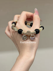 Ice+Black Obsidian Gray Agate Beaded Crystal Bracelet 10/12+10mm