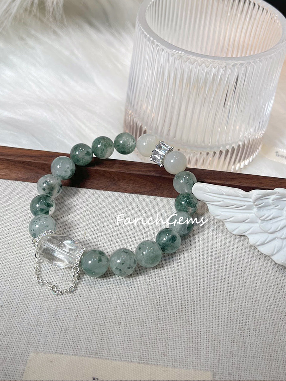 White Moonstone Green Quartz Clear Quartz Beaded Crystal Bracelet 11+10mm
