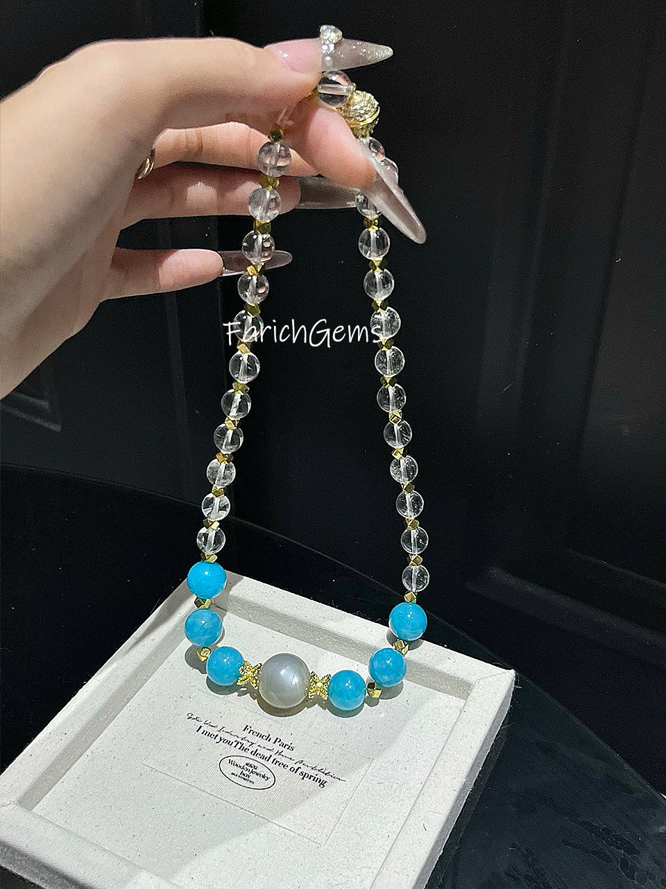 Clear Quartz Amazonite Moonstone Beaded Crystal Necklace 6+16mm