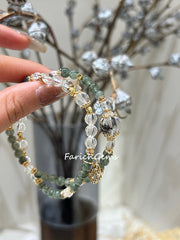 Double Wrap Green Rutilated Quartz Green Phantom Quartz Clear Quartz Beaded Crystal Bracelet 5+10+5.5mm