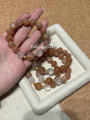 Peach Moonstone Clear Azeztulite Quartz Beaded Crystal Bracelet 11+13mm