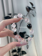 BlackPink Combo Rose Quartz Gray Moonstone Silver Obsidian Beaded Crystal Bracelet 10+12+14mm