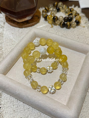 Yellow Fluorite White Snowflake Phantom Clear Quartz Beaded Crystal Bracelet 10+12mm