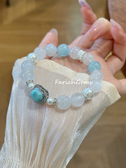 Blue Moonstone Aquamarine Larimar Beaded Crystal Bracelet 11.5+11mm