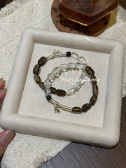 Lakawood Smoky Quartz Clear Quartz Beaded Crystal Bracelet 6+7mm