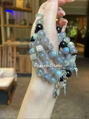 Gray Moonstone Silver Obsidian Beaded Crystal Bracelet 10mm