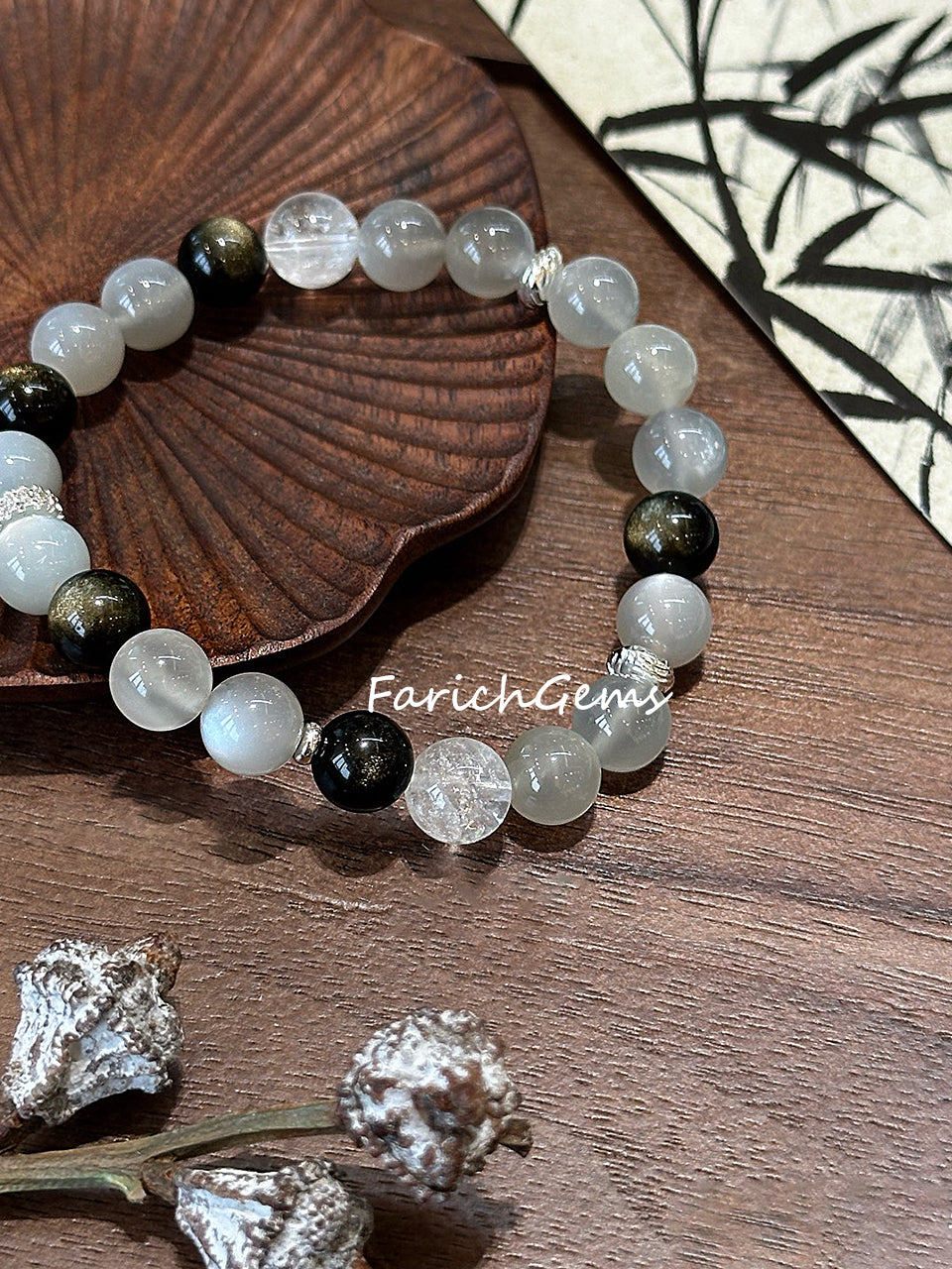Silver Moonstone Golden Obsidian Clear Azeztulite Quartz Beaded Crystal Bracelet 8mm