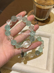Green Fluorite Clear Quartz Azeztulite Quartz Beaded Crystal Bracelet 12-14mm