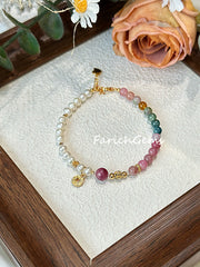 Rainbow Tourmaline Pearl Beaded Crystal Bracelet 4/6.5+4mm