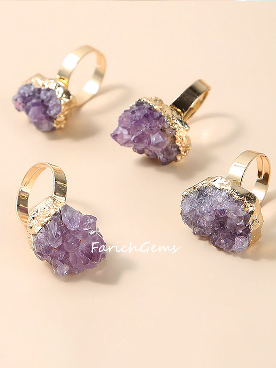 Adjustable Natural Crystal Cluster Ring, Clear Quartz/Amethyst Cluster Ring