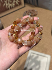 Peach Moonstone Citrine Beaded Crystal Bracelet 9+11mm
