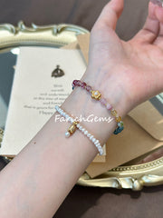 Double Wrap Rainbow Tourmaline Pearl Beaded Crystal Bracelet 4mm