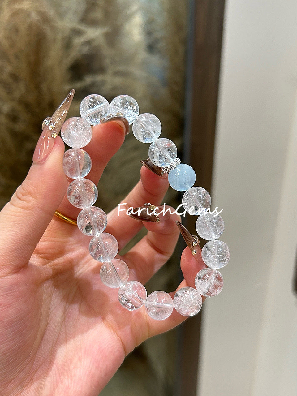 Clear Azeztulite Quartz Aquamarine Beaded Crystal Bracelet 10mm