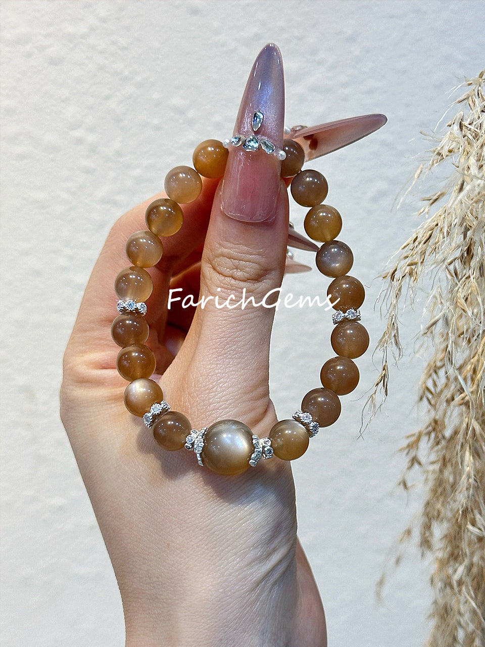 Natural Peach Moonstone Beaded Crystal Bracelet 8/12mm