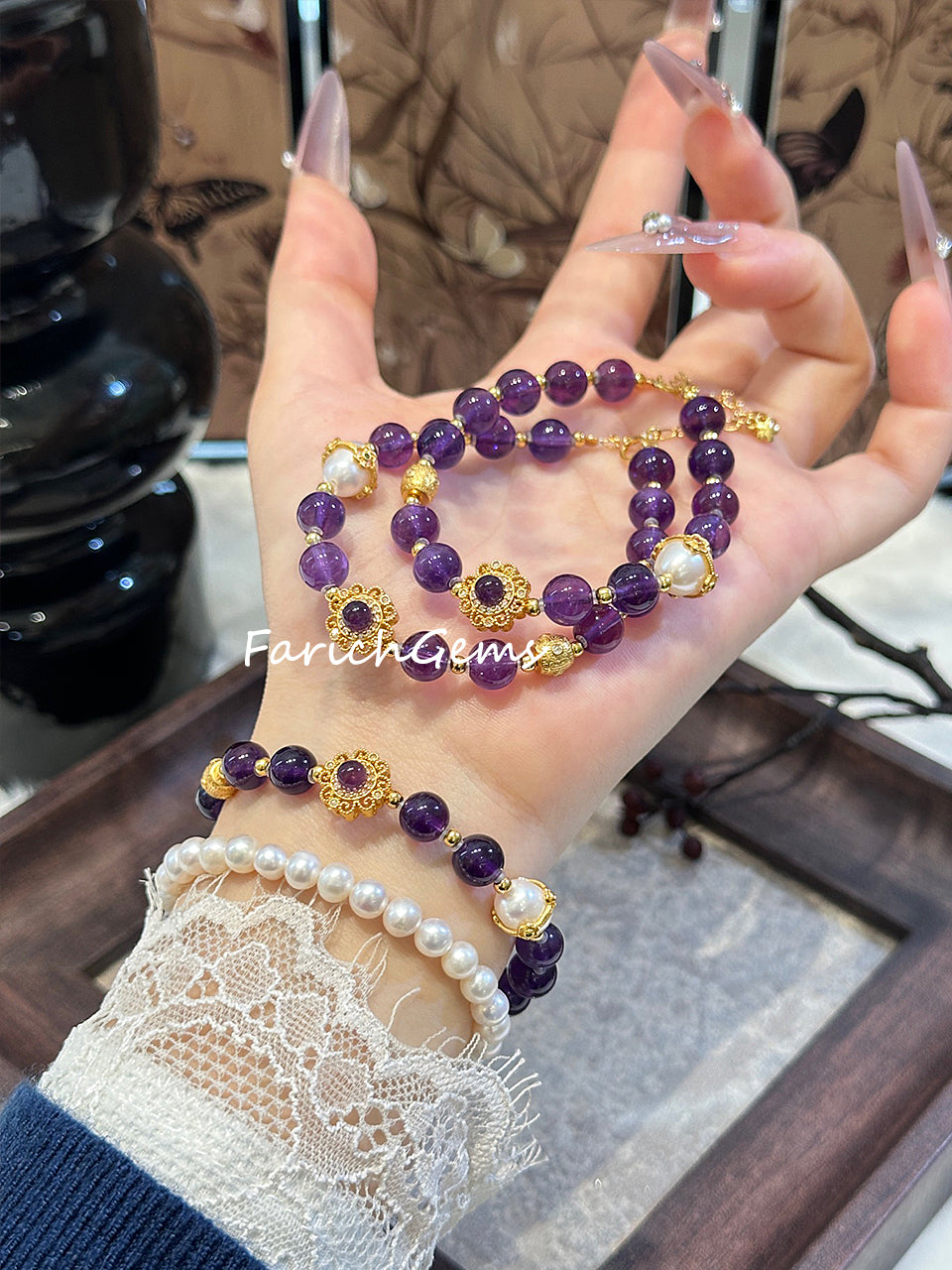 Natural Amethyst Pearl Beaded Crystal Bracelet 7mm