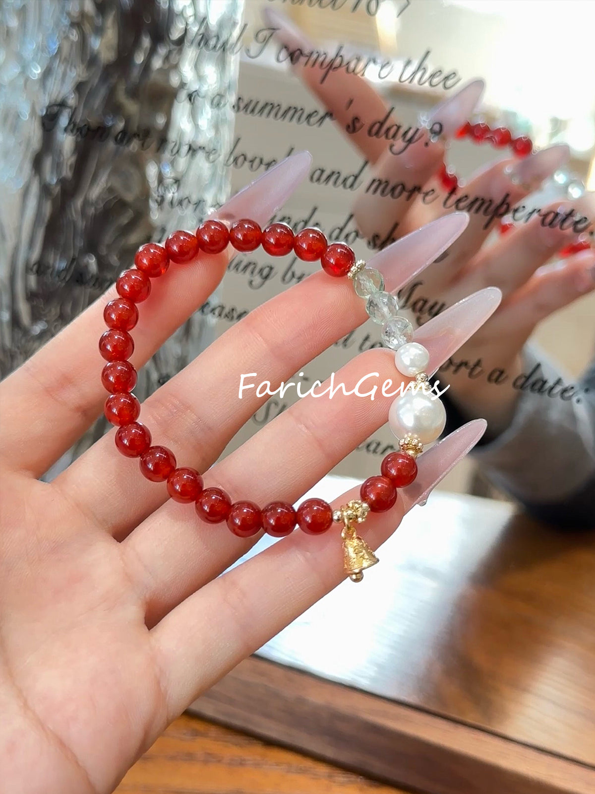 Red Agate Fluorite Pearl Beaded Crystal Bracelet 6+6/10mm