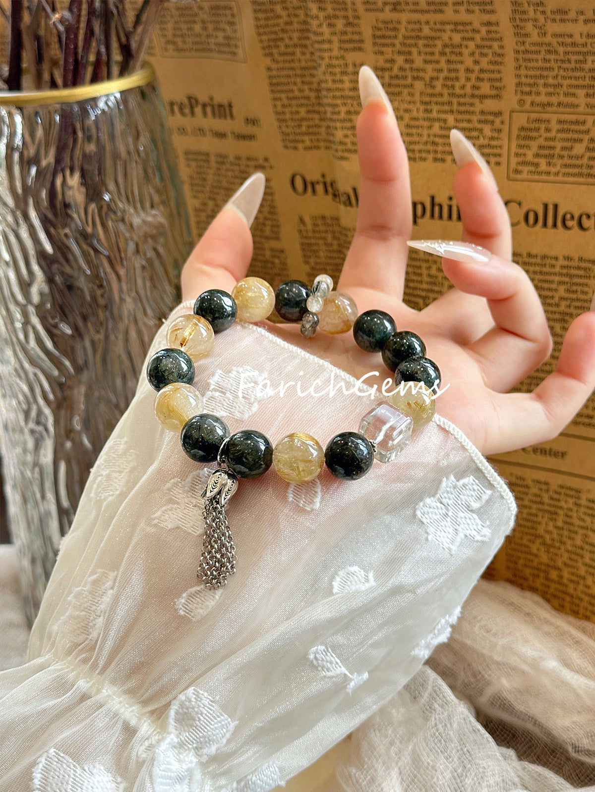 Golden Rutilated Quartz Green Rutilated Quartz Clear Quartz Beaded Crystal Bracelet 12+4.5+10mm