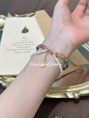 Double Wrap Rainbow Tourmaline Pearl Beaded Crystal Bracelet 4mm