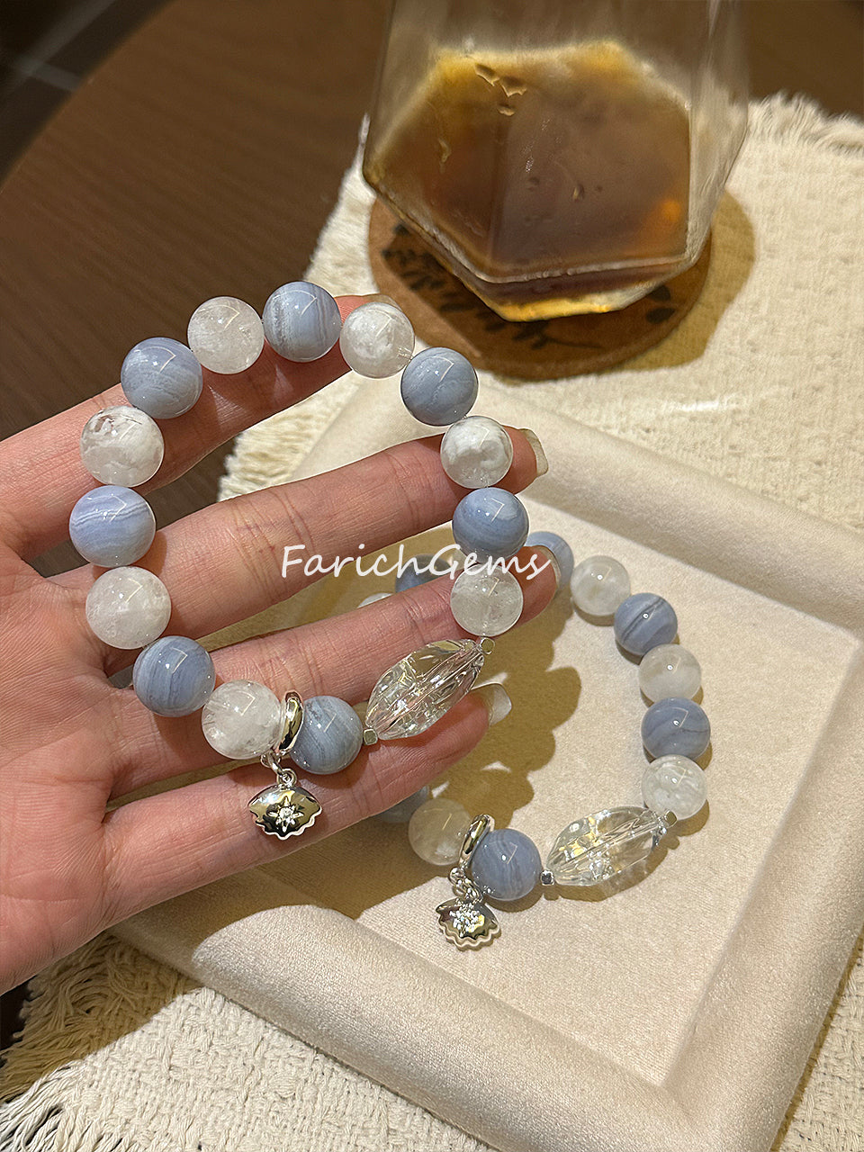 Blue Lace Agate White Snowflake Phantom Quartz Clear Quartz Beaded Crystal Bracelet 12mm