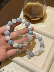 Blue Lace Agate White Snowflake Phantom Quartz Clear Quartz Beaded Crystal Bracelet 12mm