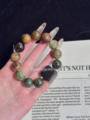 Serpentine Jade Smoky Quartz Sandalwood Beaded Crystal Bracelet 14+20mm