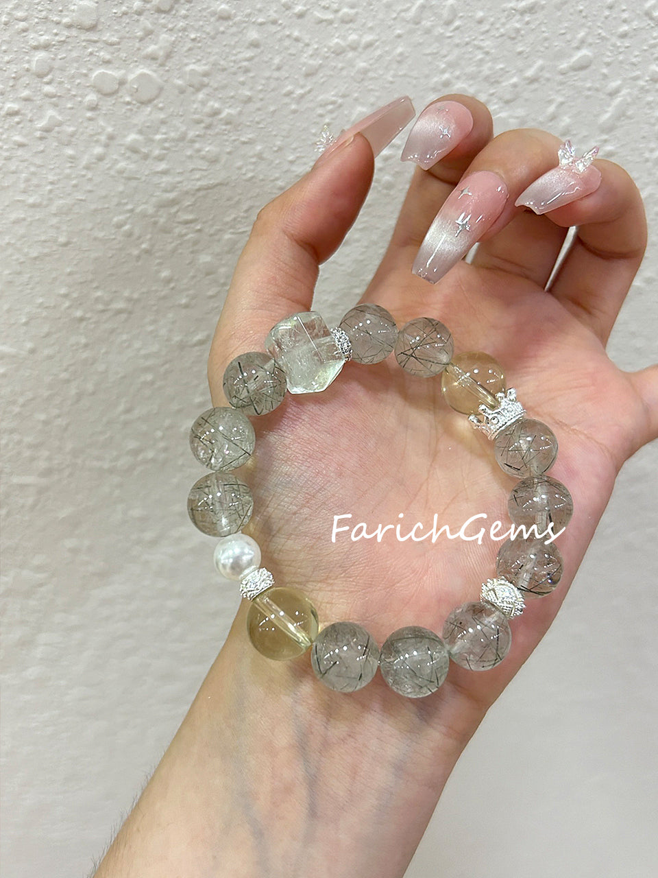Green Rutilated Quartz Citrine Beaded Crystal Bracelet 11+12mm