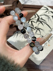 Silver Moonstone Golden Obsidian Clear Azeztulite Quartz Beaded Crystal Bracelet 8mm