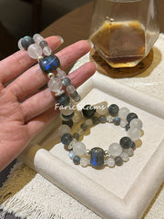 Double Wrap Blue Moonstone Labradorite Hawk's Eye Beaded Crystal Bracelet 7+12+14mm