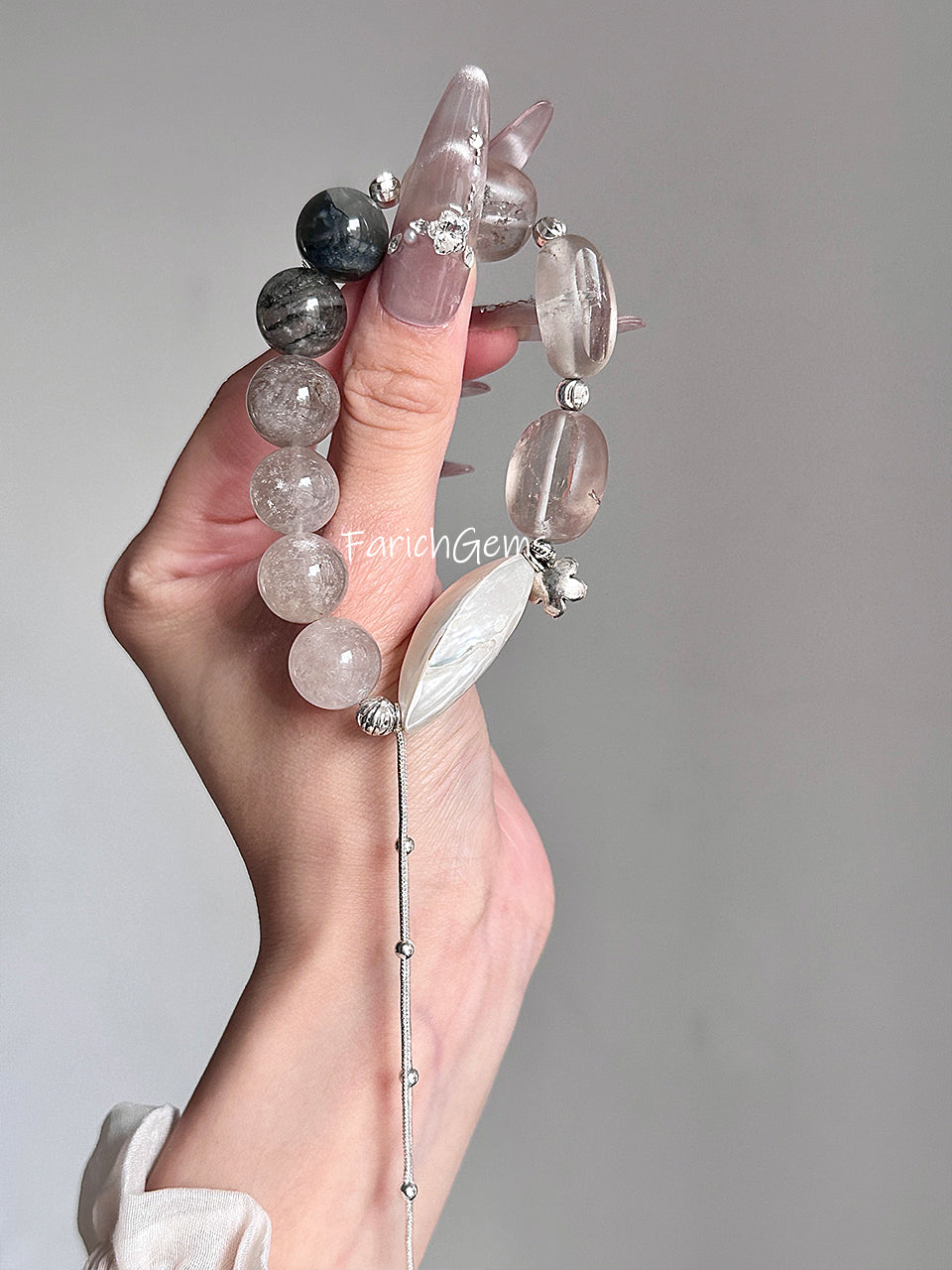 Nepal Clear Quartz Green Phantom Quartz Blue Rutilated Quartz Beaded Crystal Bracelet 12+15mm