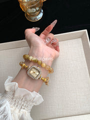 Double Wrap Tiger's Eye Stone Citrine Beaded Crystal Bracelet Watch 8-9mm
